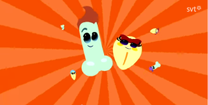 A screenshot of the dancing penis and vulva from the "Snoppen Och Snippan" song on SVT's “Bacillakuten” children’s show
